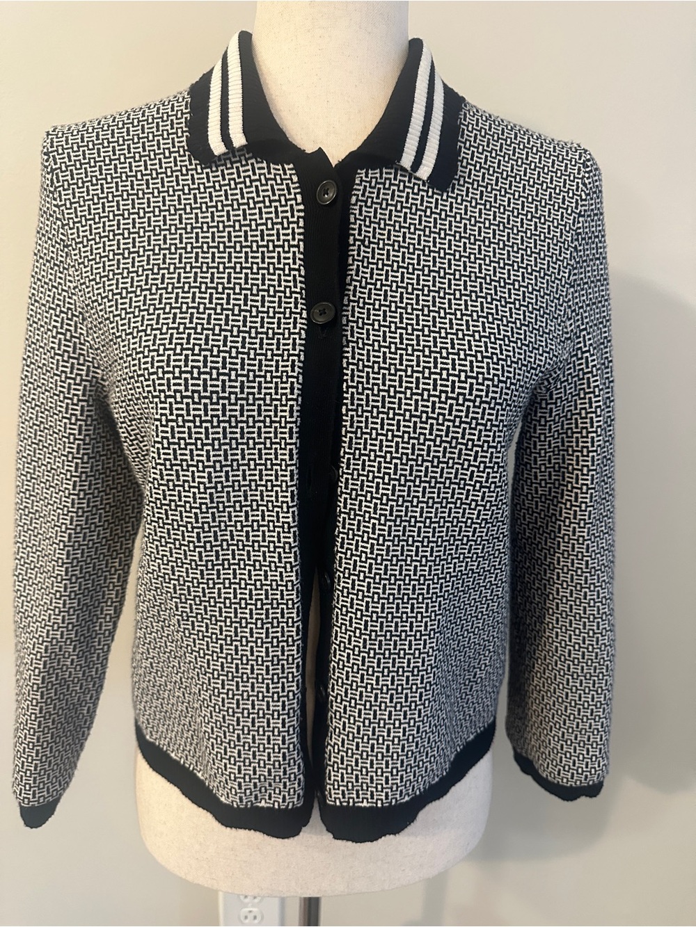 Anthropologie Black & White Knit Polo Cardigan